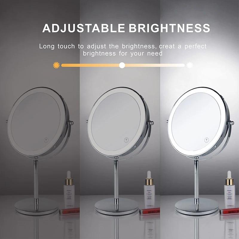 8inch 10x Magnifying Led Makeup Mirror With 3 Color Light Touch Switch Double Side Usb Charging Desktop Vanity Cosmetic Mirror