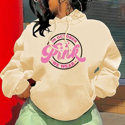 Autumn And Winter Pink Letter Fashion Printed Shoulder Sleeves Fleece Hooded Sweater Women'S Clothing