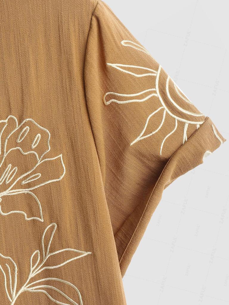 ZAFUL Men's Flower Plant Abstract Embroidery Lapel Collar Short Sleeves Vacation Shirt
