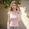 CHOCOOLATEit Women's Slim Fit V-Neck Frilled Short Sleeve T-Shirt