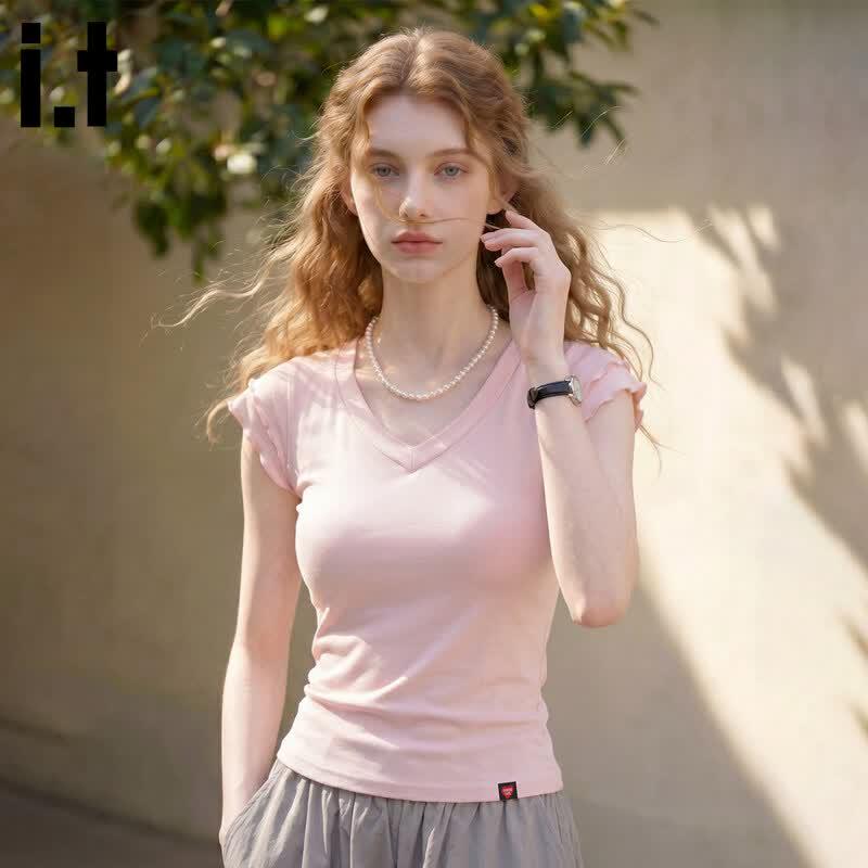CHOCOOLATEit Women's Slim Fit V-Neck Frilled Short Sleeve T-Shirt