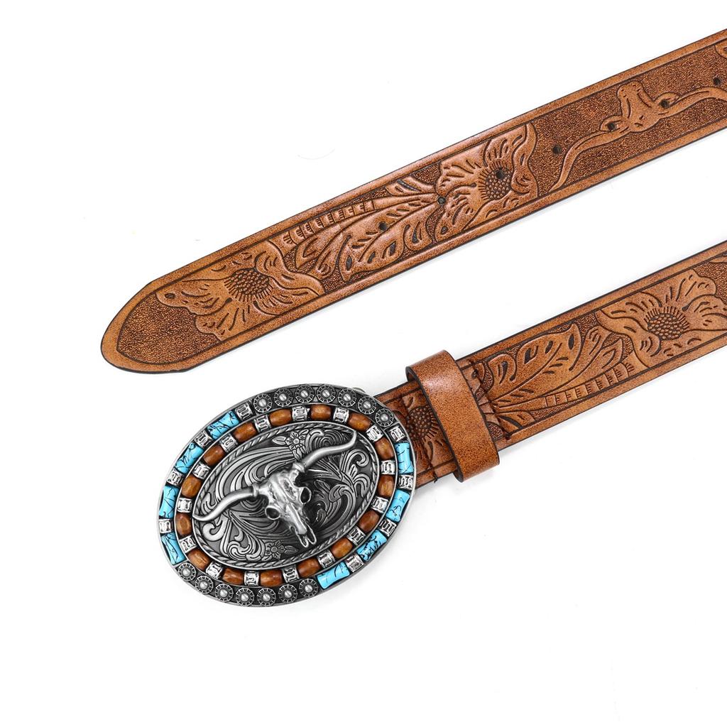 Belt with Cow Head Large Buckle Trendy Retro Style Young Men's Punk Leather Belt