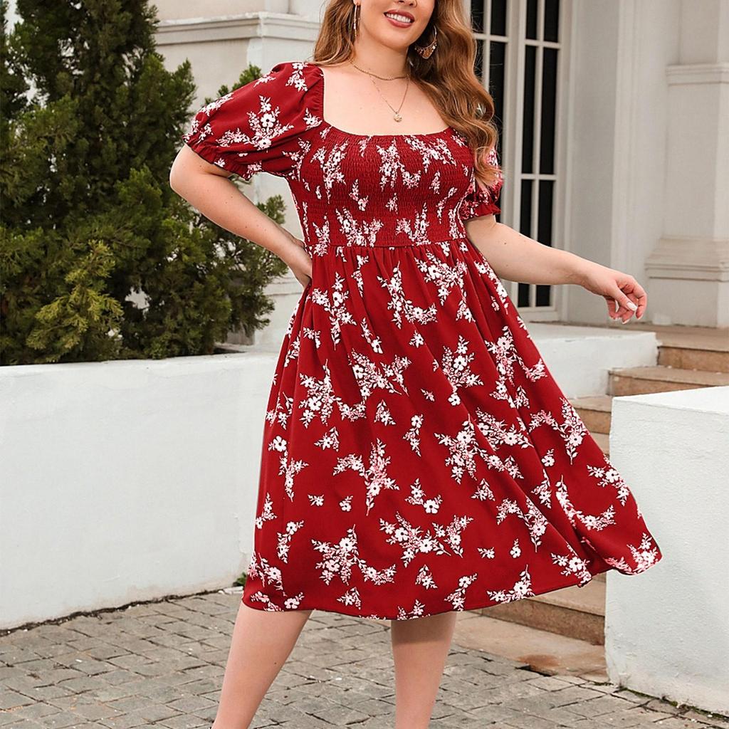 26-3-14-Modeklänning för kvinnor, trendig, med temperament, fyrkantig halsringning, kortärmad, tryckt, i stora storlekar2101