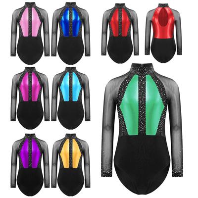 Barn Jenter Skinnende Rhinestones Trikot Fargeblokk Patchwork Nøkkelhull Rygg Sheer Mesh Langermet Bodysuit for Gymnastikk Dans Kunstløp