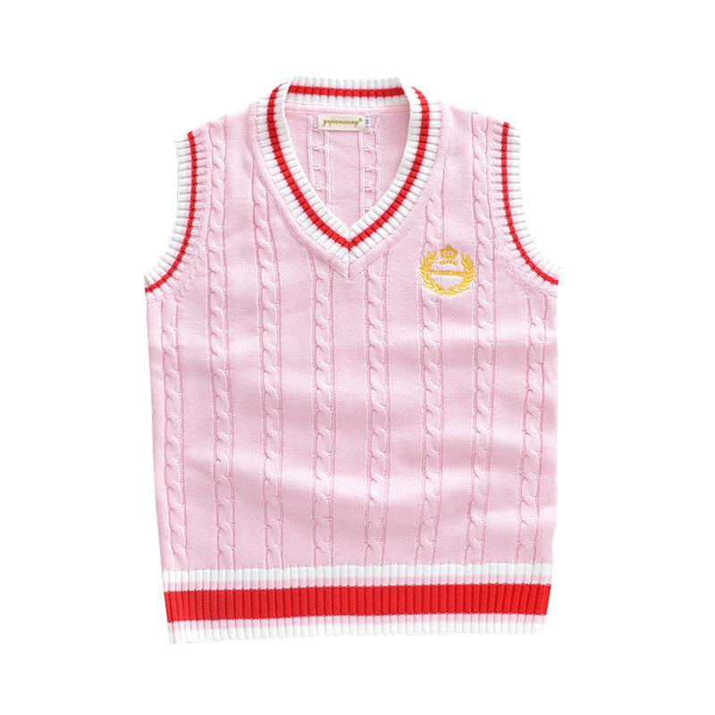 

Британский стиль Вышитая корона V-образный вырез Школьный жилет-свитер L розовый