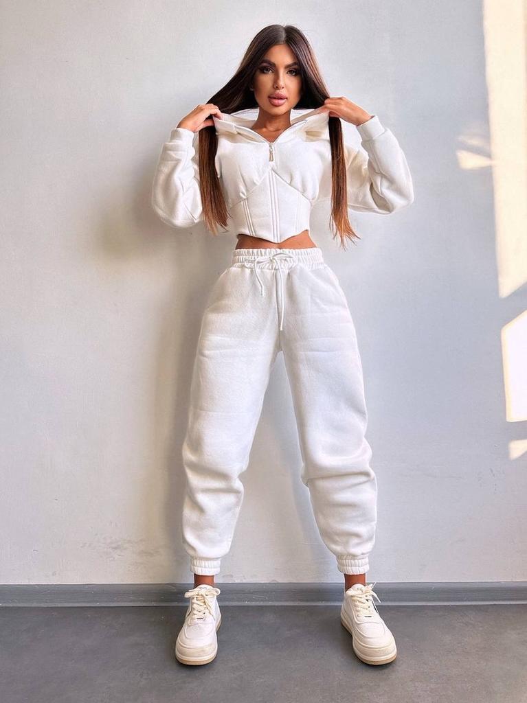 European and American fashion casual women's solid color long-sleeved waist cardigan hooded sweater strappy pants two-piece set