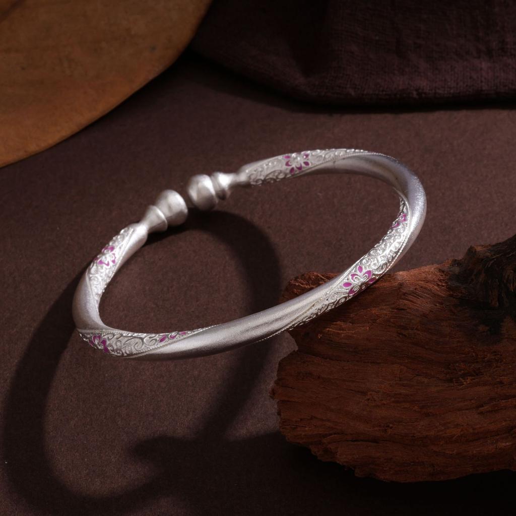 White Copper Silver-plated Enamel Color Gourd Flower Opening Bracelet Female National Style Silver Bracelet for Girlfriend and Girlfriend Gift