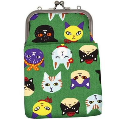 Onishi Ken Seihan 2-Way Smartphone Shoulder Bag with Clasp, Lovely Cats Design, Green