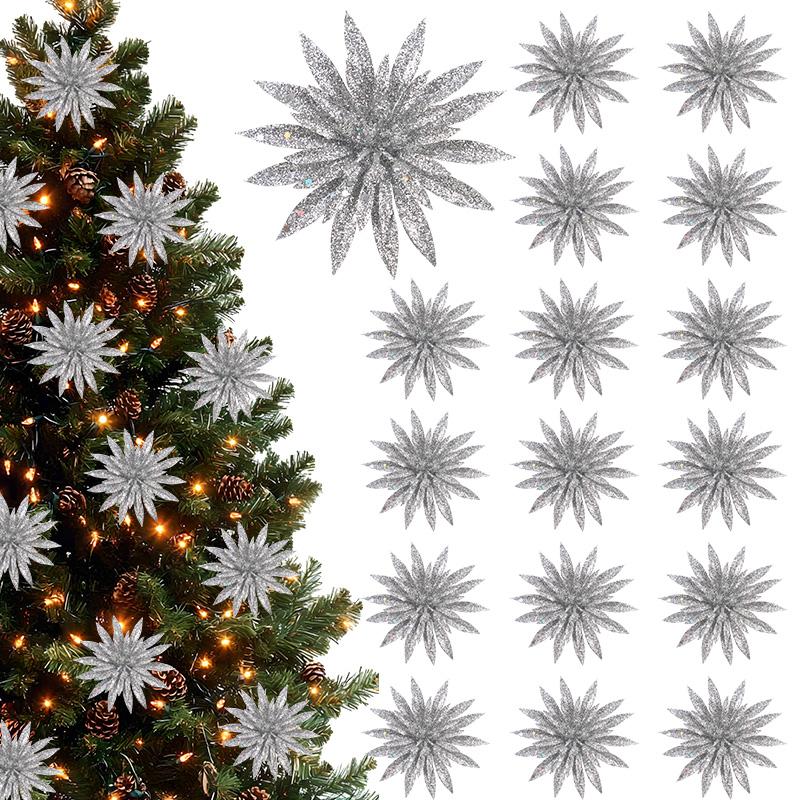 

3/6Pcs Big Christmas Artificial Flower Picks Glitter Xmas Tree Hanging Ornaments Christmas Decoration For Home New Year DIY Gift 3Pcs серебряный