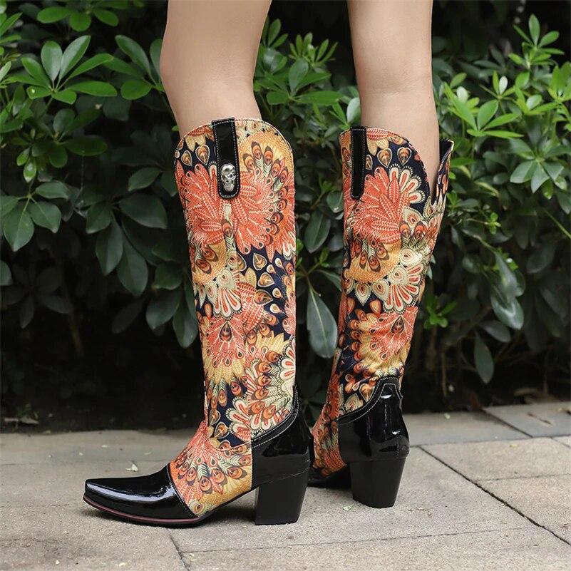 FOREADA Women Patent Leather Knee High Long Boots Square Toe Thick High Heels Western Cowgirl Boots Lady Fashion Shoes Winter 46