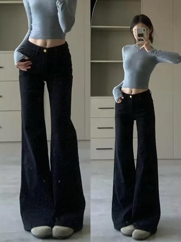 Women's Black Micro-Flare Low-Waist Stretch Jeans - Spring/Autumn 2025 Style, Non-Sticking, Wide-Leg.