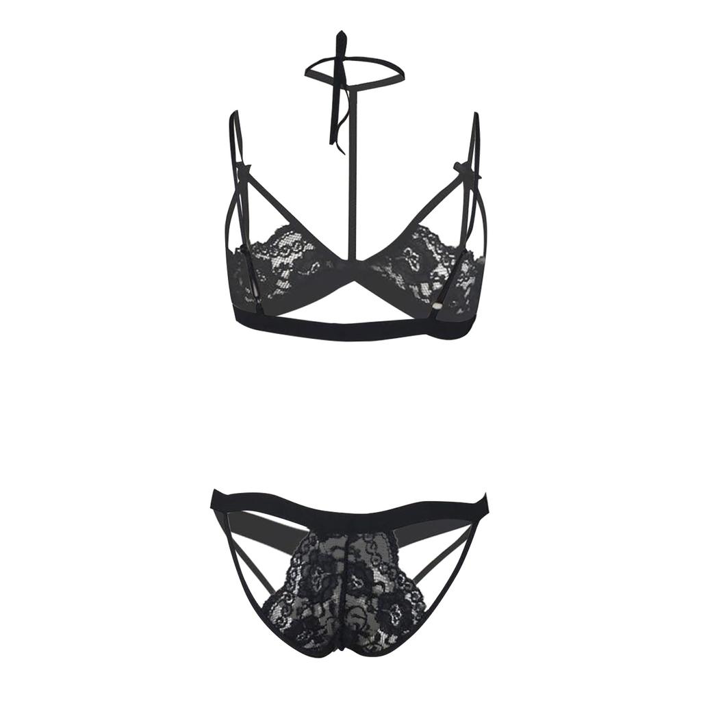 Women's Sexy Fashion Color Mesh Underwear See-through Lace Bra Set