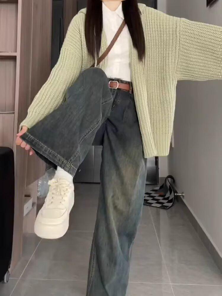 

2025 Женские цементно-серые джинсы ретро свободного кроя для миниатюрных с широкими штанинами на флисовой подкладке 5XL