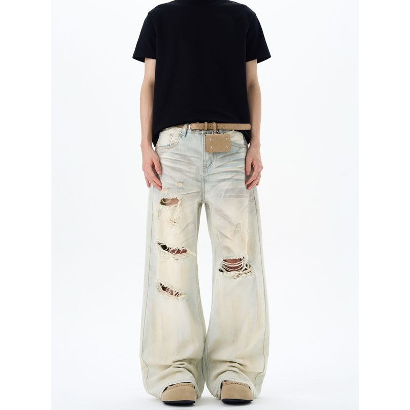 Kisko New High Street Dirty-Dyed Ripped Vibe Washed Jeans Unisex Trendy Brand Cool Loose Straight Pants