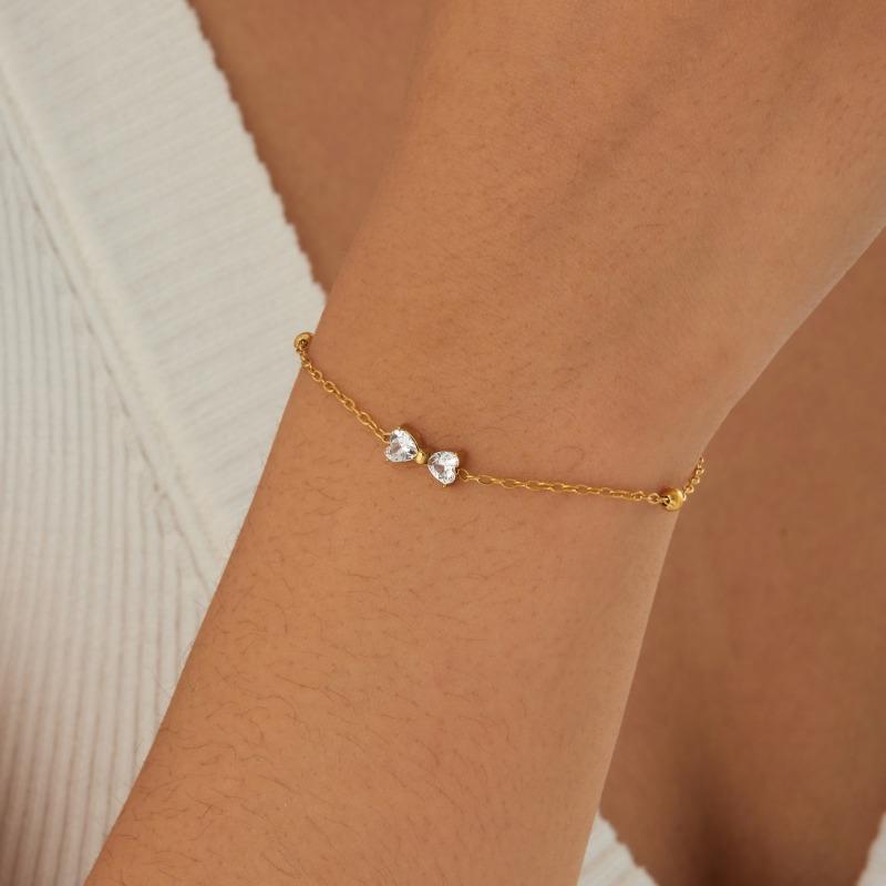 Gold Plated Bow CZ Beaded Bracelet, Dainty Butterfly Bow Charm Link Chain with Clear Zircon, Cute Everyday Jewelry for Women Gift