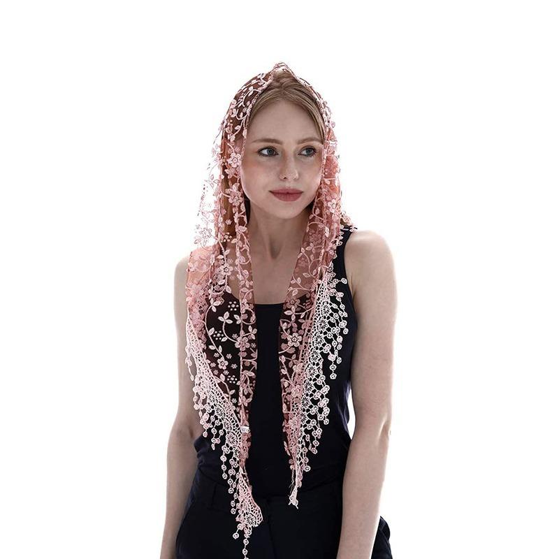 Women Lace Scarf for Church Tassel Triangle Scarf Sheer Floral Scarves Church Prayer Shawl Spanish Mantilla Lace Bufanda Mujer