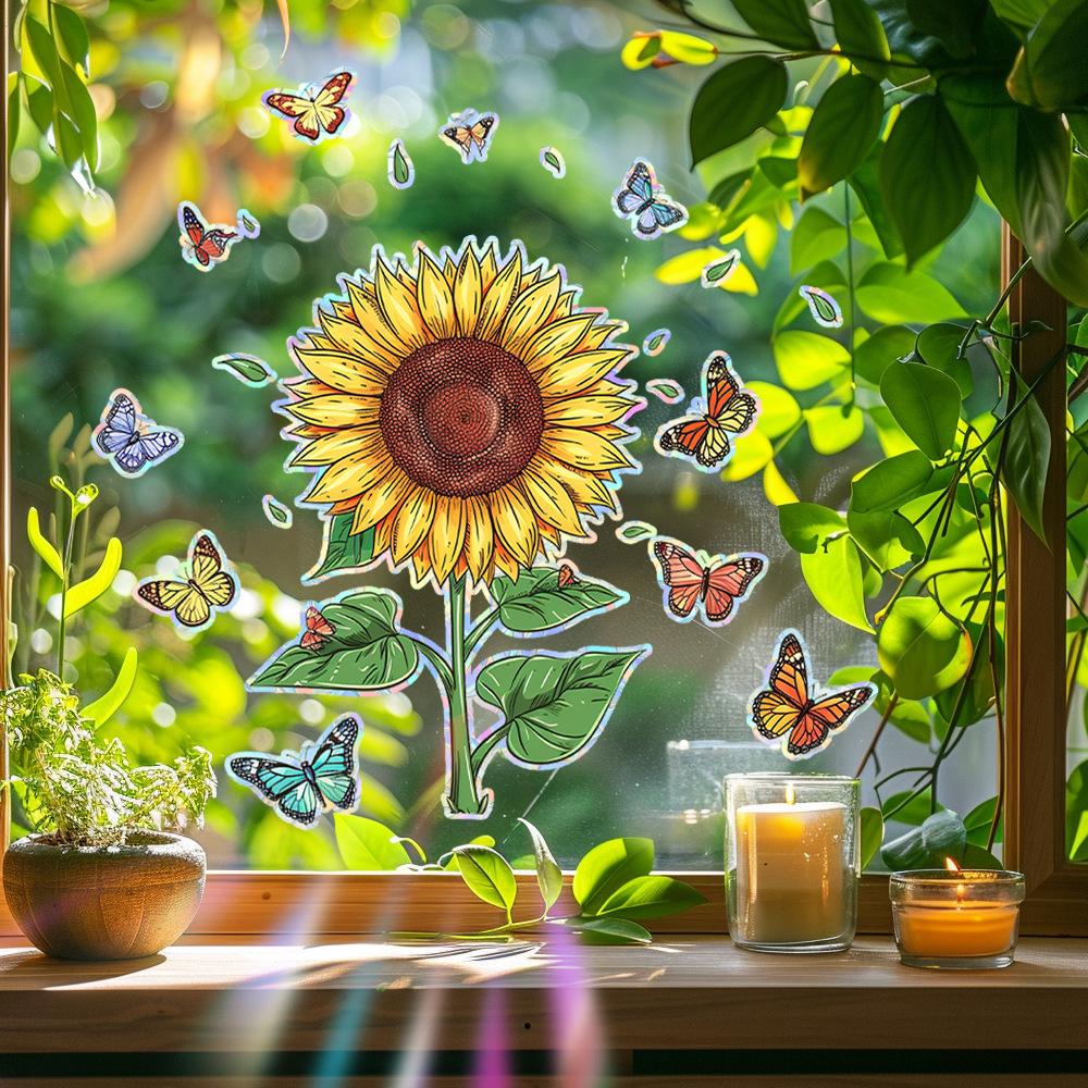 Laser Bunte Sonnenblume Schmetterling Heimverschönerung und Dekoration Glas Statische Fensteraufkleber