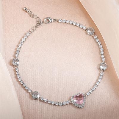 ZAKOL Fashion Pink Heart Shaped Zirconia Charm Bracelet for Women Exquisite Sweet Engagement Birthday Zircon Gift
