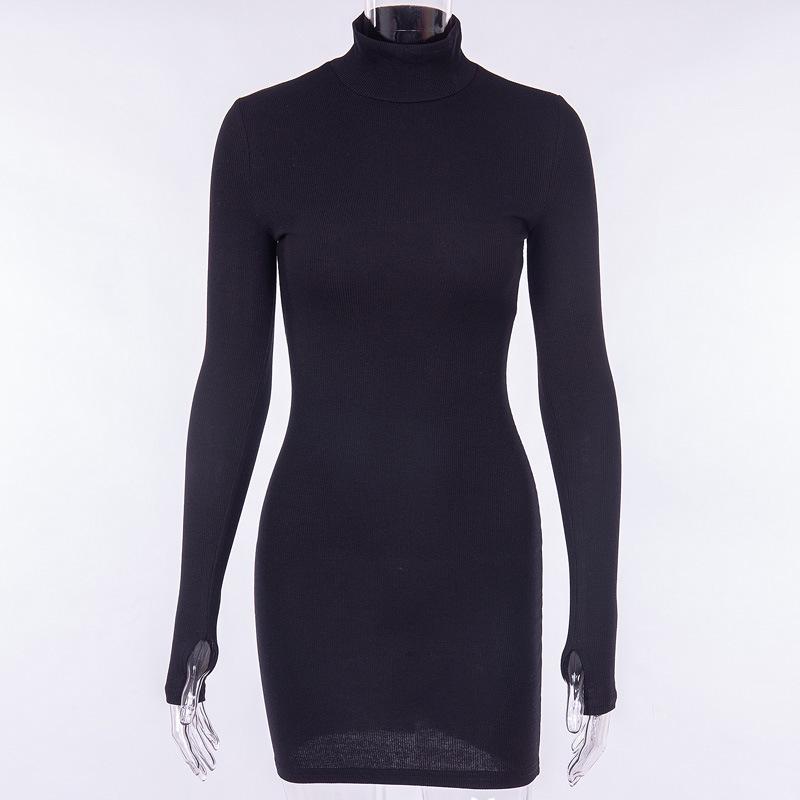 Women's Autumn Black High Neck Long Sleeve Slimming Dress - Hot Girl Style, Waist-Cinched, Hip-Hugging, Short Skirt