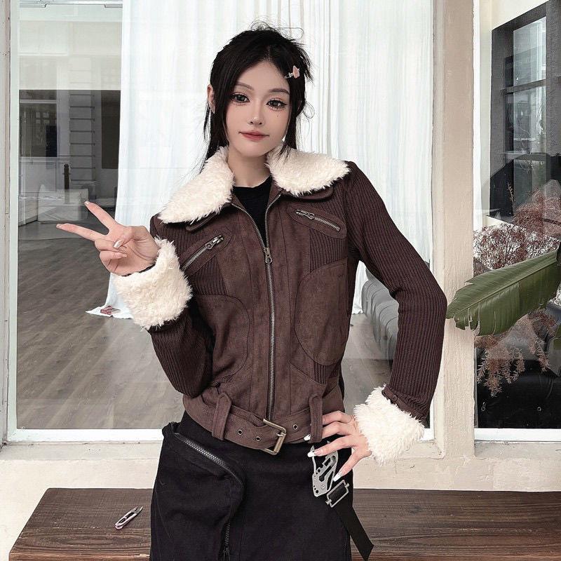 Y2k Fur Coat Women Vintage Harajuku Knitted Jacket Grunge Aesthetics Fur Collar Zipper Coat