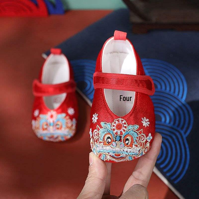 Soft Sole Baby Girl Hanfu Shoes - Red Tiger Head Ethnic Style for Toddlers