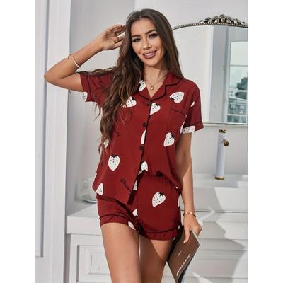 Strawberry & Letter Print Pajama Set Casual Short Sleeve Buttons Lapel Top & Elastic Shorts Women's Sleepwear