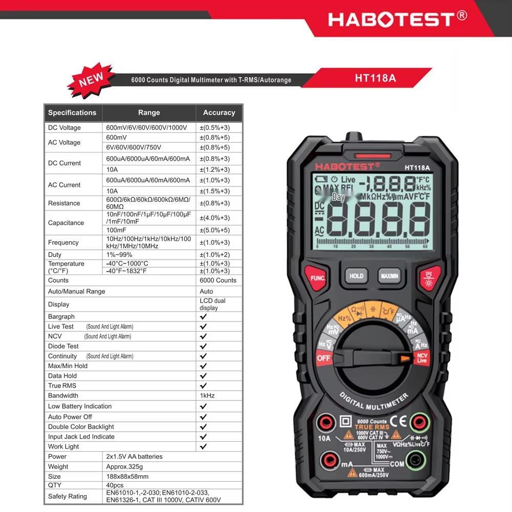 Huabo HT118A High Precision Dual Backlight Digital Multimeter for AC/DC Voltage and Current Measurement