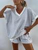 European and American Women's Stripe Knit Two-Piece: Loose Sweatshirt & High-Waisted Shorts Set