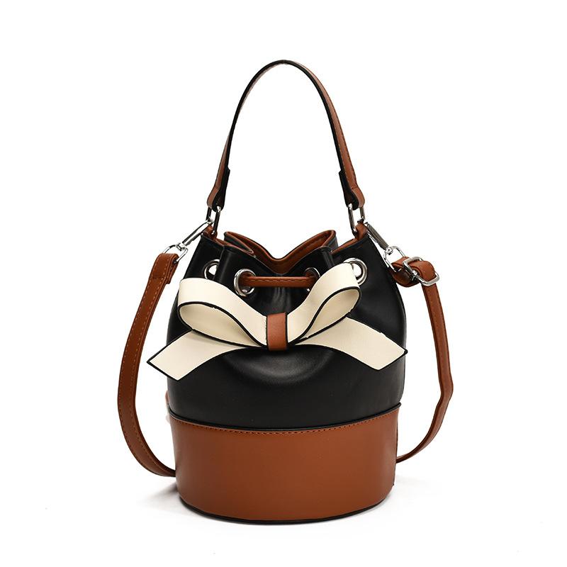 Bags Handbag Women's 2025 New Trendy Fashion Contrast Color Drawstring Bucket Bag Autumn Textured Messenger Bag