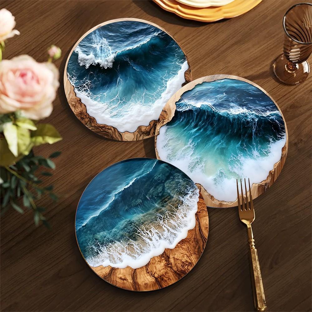 4Pcs New Blue Ocean Round Wooden Coaster for Home, Cafe, Party, Table Decoration, Coaster, Placemat Supplies