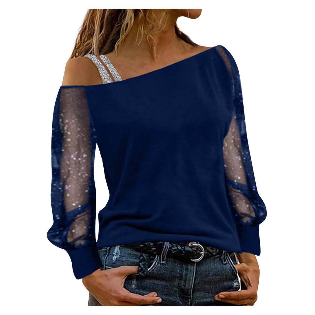 Dámská móda Diagonální výstřih Síťovina, Dlouhý rukáv, Základní top s jedním výstřihem