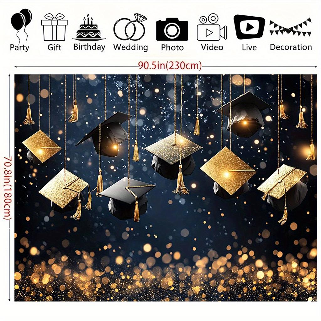 A gold and black background, decorated with a graduation hat, is elegant and complex, suitable for graduation celebrations