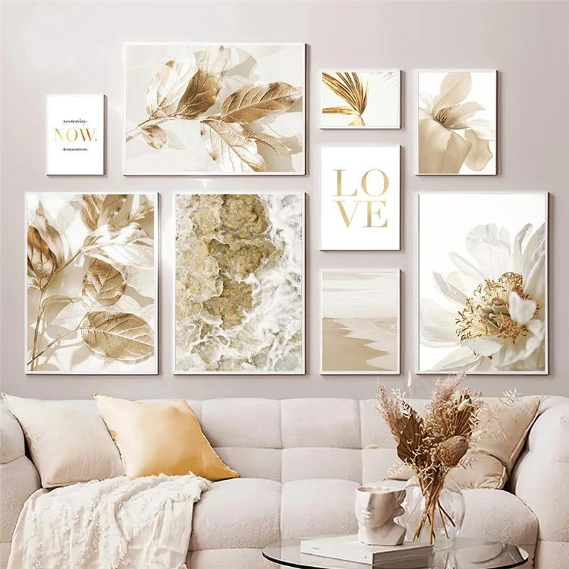 Nordisk moderne kunst Bilde Lerretsmaleri Veggkunst Golden Leaf Beach Scenery Plakat og trykk for hjemmeinnredning Stuedesign