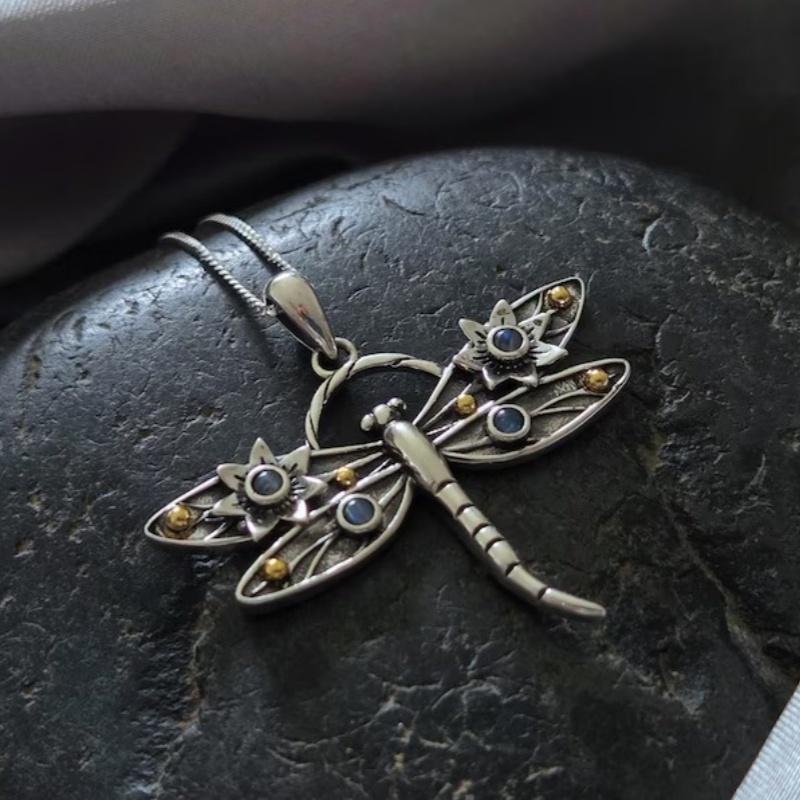1 Piece Vintage Insect Dragonfly Flower Faux Blue Crystal Metal Silver Color Pendant Necklace
