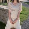 Women's French V-Neck Crochet Knit Cardigan - Chic Summer Fashion, Slimming Loose Fit, Versatile Top