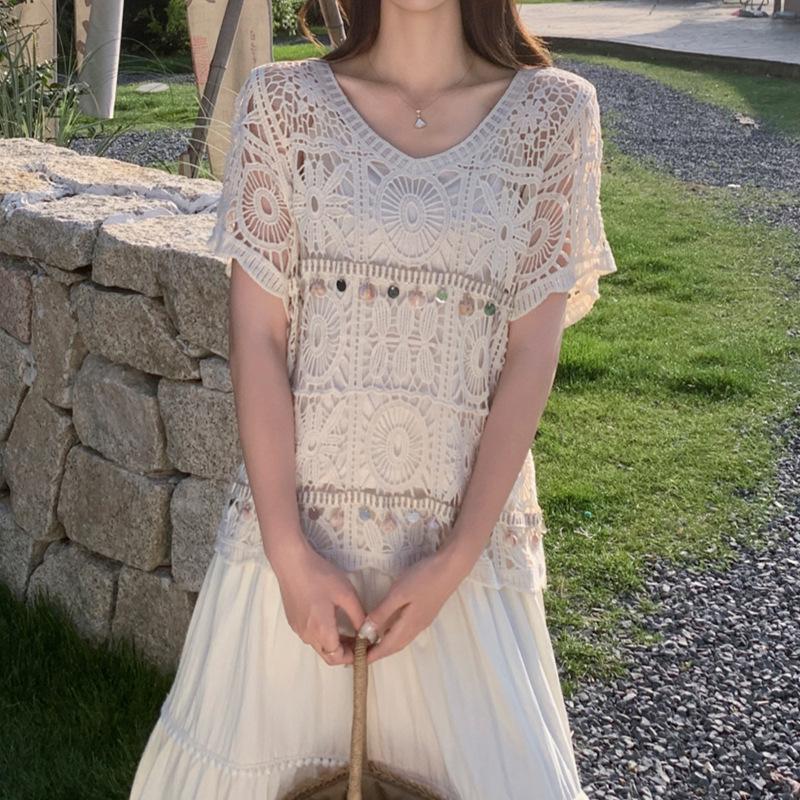 Women's French V-Neck Crochet Knit Cardigan - Chic Summer Fashion, Slimming Loose Fit, Versatile Top