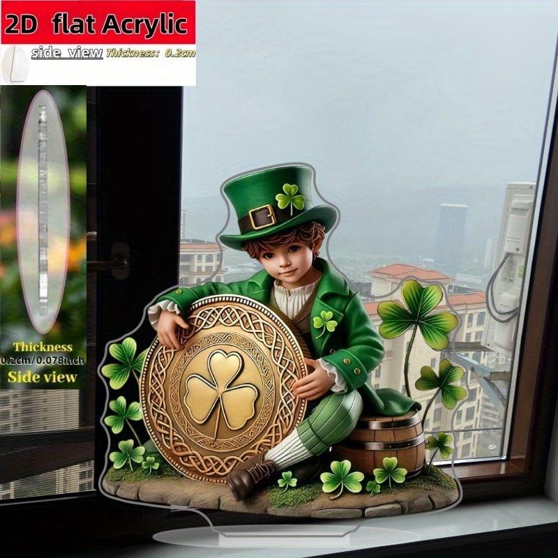2D Flat Leprechaun Acrylic Desktop Decoration, Golden Four-Leaf Clover Shield, Green Top Hat & Clover Ears Design, Suitable for wall Decoration, porch