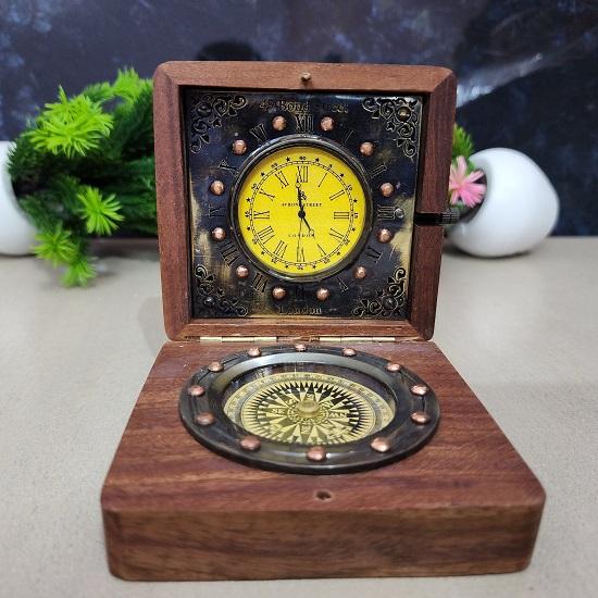 Marine Compass Clock, Handmade Compass Mounted In Vintage Wooden Case, Antique Watch
