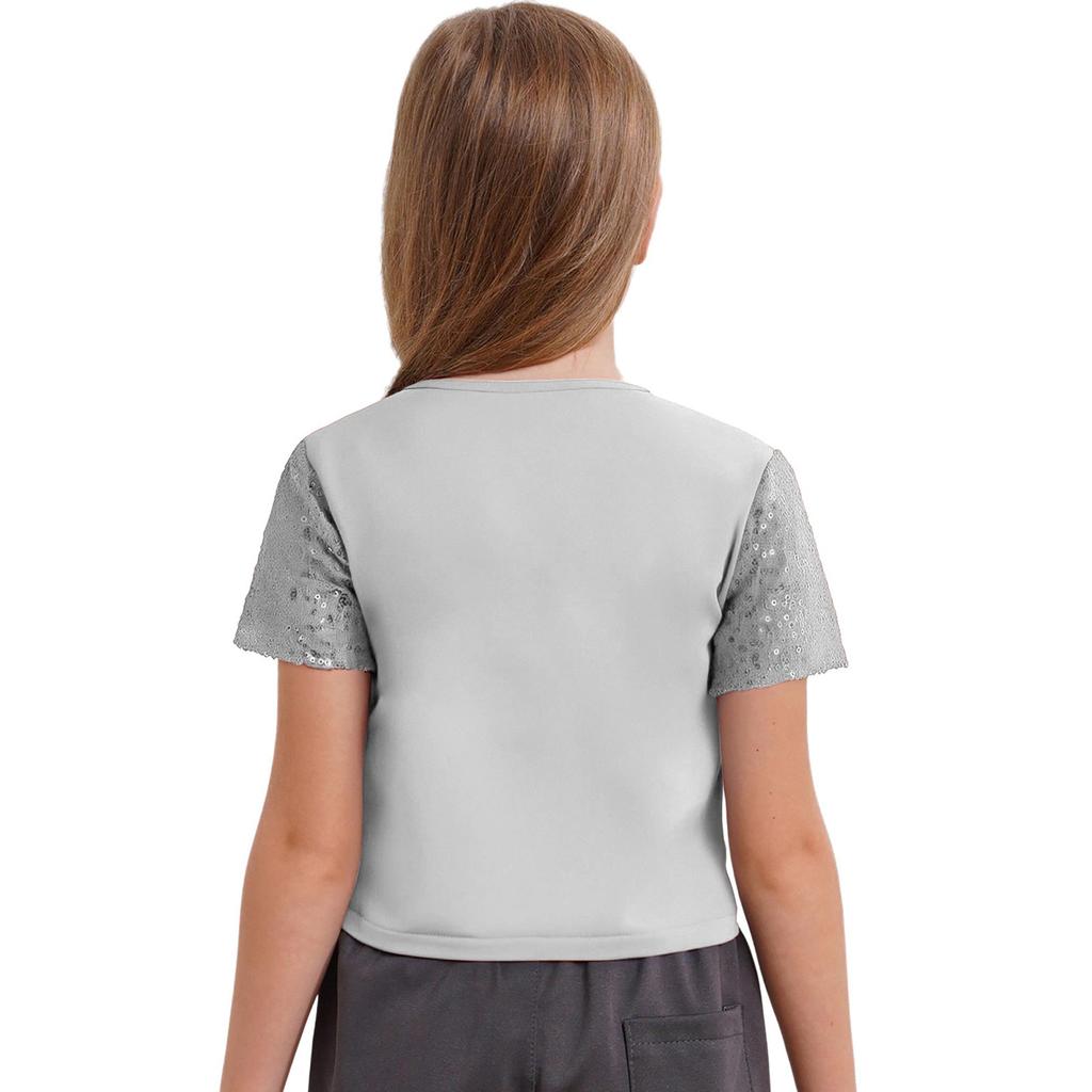 Dívčí třpytivý crop top s flitry, kulatým výstřihem a krátkým rukávem pro hip hopový taneční kostým