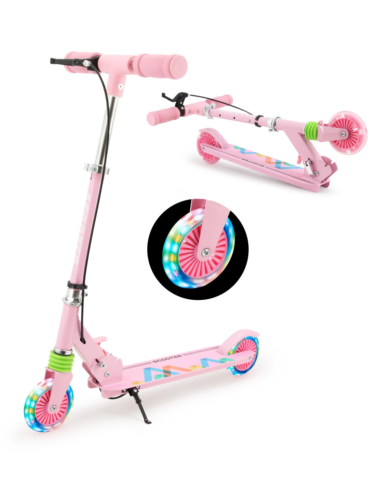 

с ручкой Tenboom Kickboard Kick Scooter для детей со светодиодной шиной, встроенной в отличный розовый цвет [оборудованный тормоз] Подставка, ручка, устойчивость,