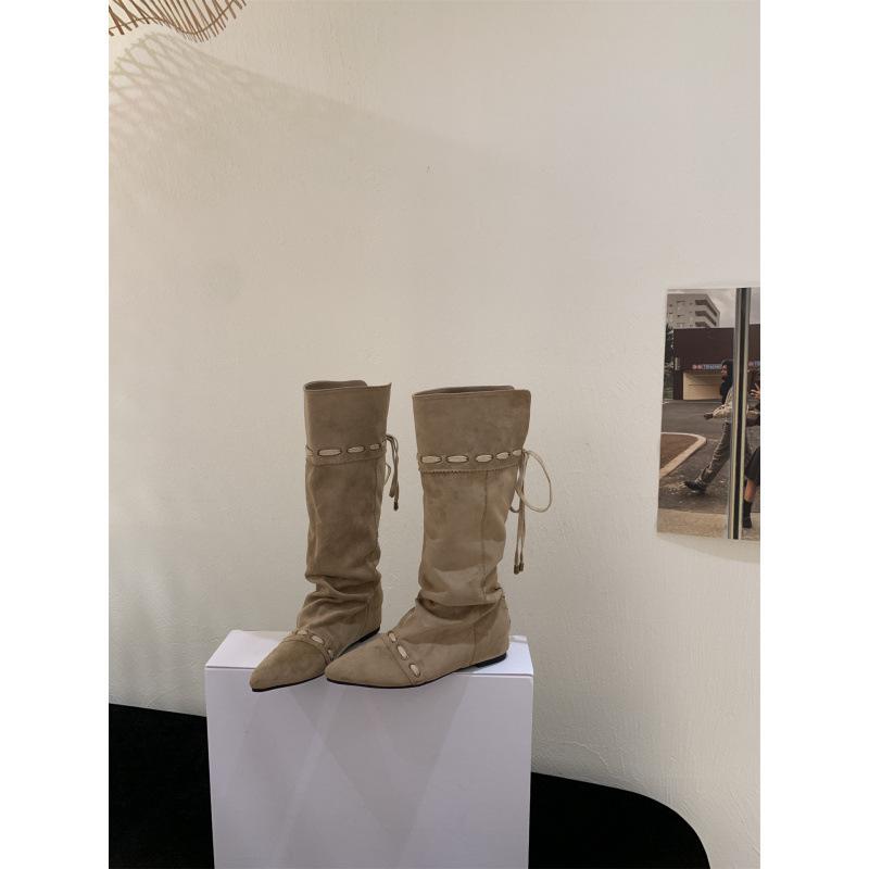 Inner Heightening Pointed Suede Pile Boots Women's Boots 2025 Autumn and Winter Western Cowboy Medium Tube Thin Boots