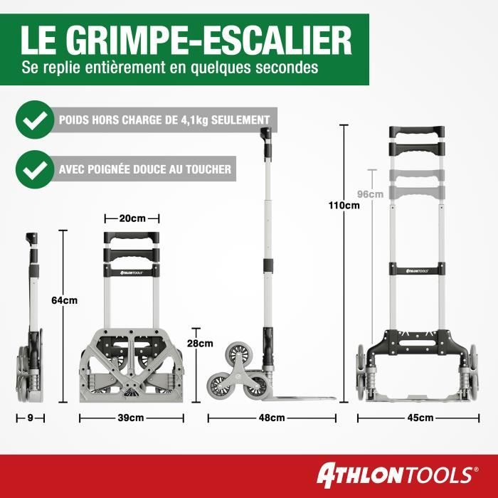 Diable pliable - athlon tools - aluminium - 70 kg - roues à roulements - poignée télescopique 110 cm