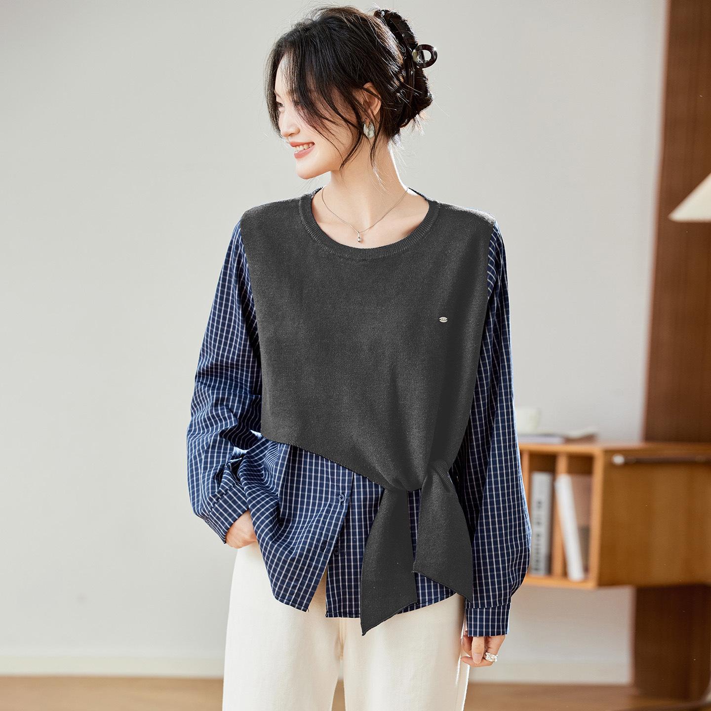 

Клетчатая хлопковая рубашка-кокон из двух частей с вязаной шалью - Женская коллекция осень/зима 2025 One Size серый