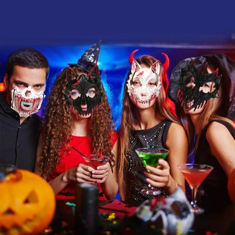 Halloween Bone Skull Masks Half-face Bloody Mask Cosplay Dragon God Fierce Tiger Night Fork Tengu Man Wolf Mask Party Decor Prop