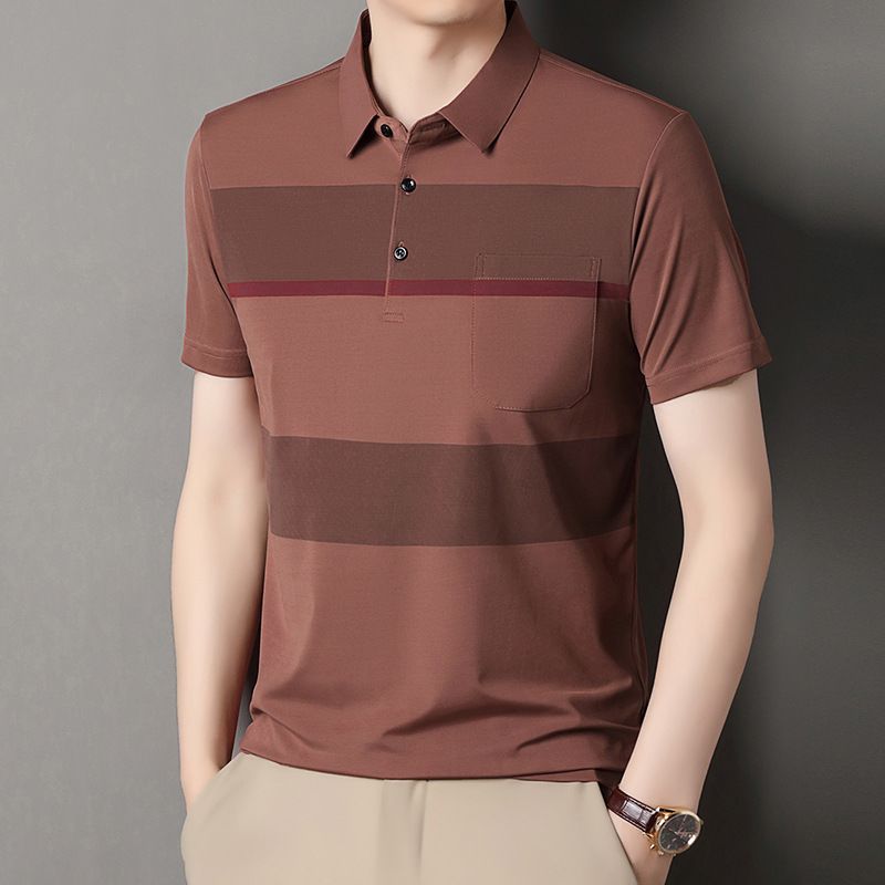 Men's Striped Short Sleeve Polo Shirt With Pocket Turn Down Collar Casual Business Breathable Summer Tops