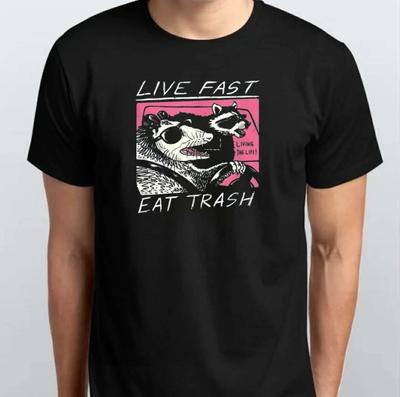Live Fast Eat Trash Funny Cartoon Raccoon 100% Cotton T-shirt Mens Tees Top S M L XL XXL 3 4 XL Black