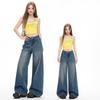 Spring Summer Vintage Washed Cat Whisker High Waist Relaxed Slim Straight Wide Leg Denim Pants For Women Casual Pants Oversize Denim Trousers