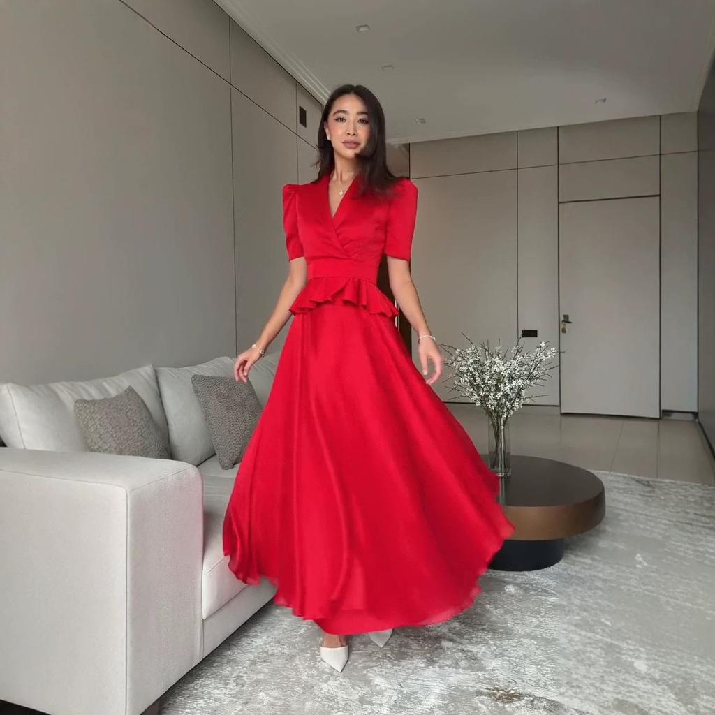 European and American Amazon Women's New V-Neck Short Sleeve Waist Top High Waist Wide Swing Long Skirt Temperament Set