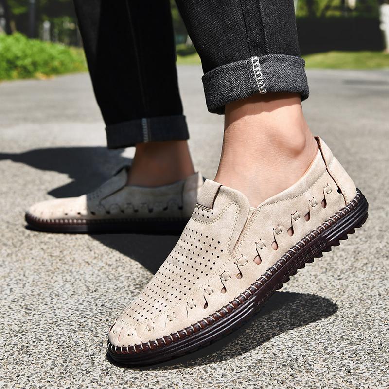 Men's Genuine Leather Casual Shoes Slip On Hollow Shoes Summer Large Size 39-48