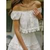Linai Chronicle Mitr Niche First Love White Lace Wooden Ear Patchwork Pleat off-Shoulder Shirts Top